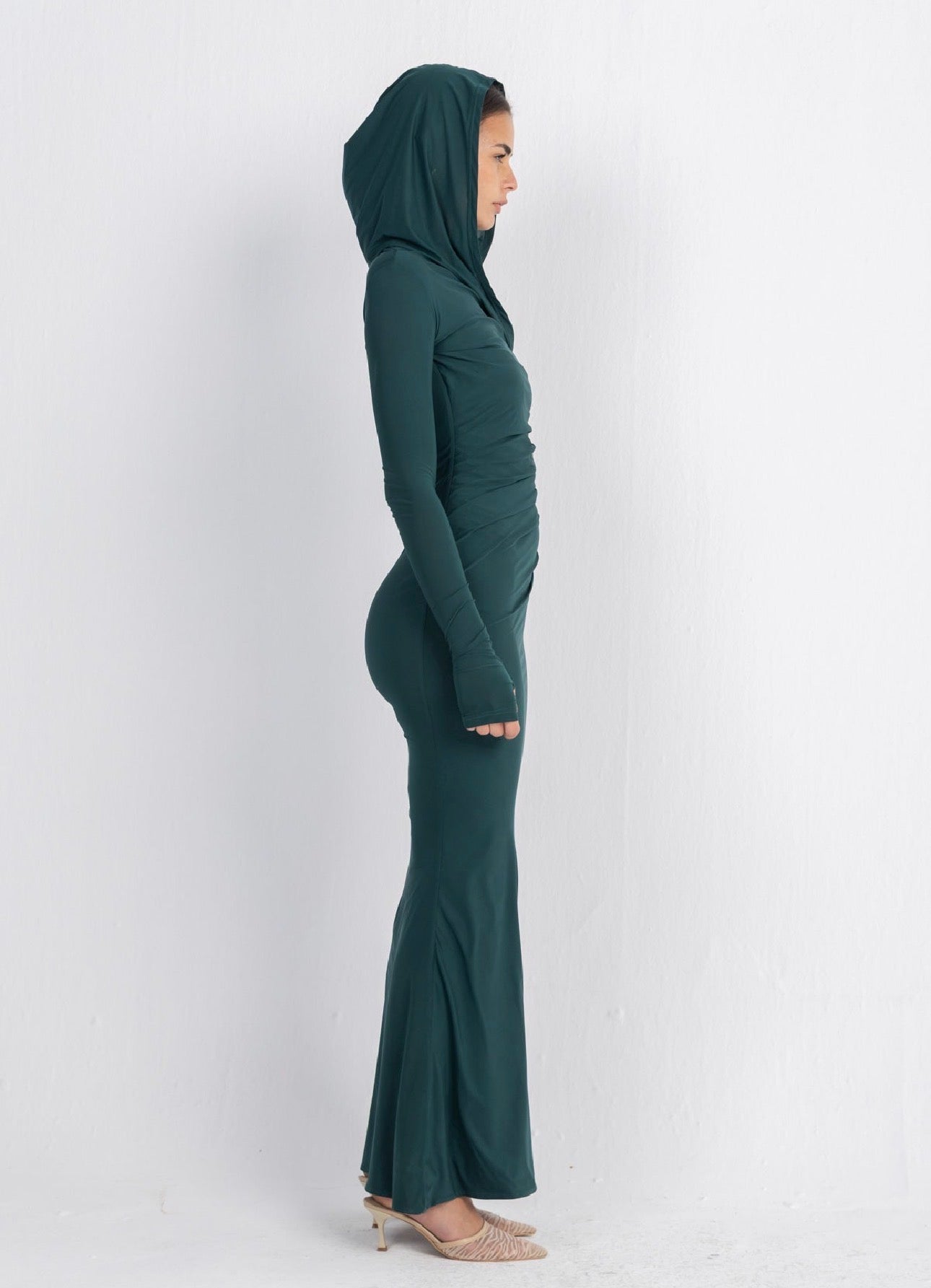 Hera Hooded Dress – Emerald | Double Layer Lycra | Ruffled Side Detail