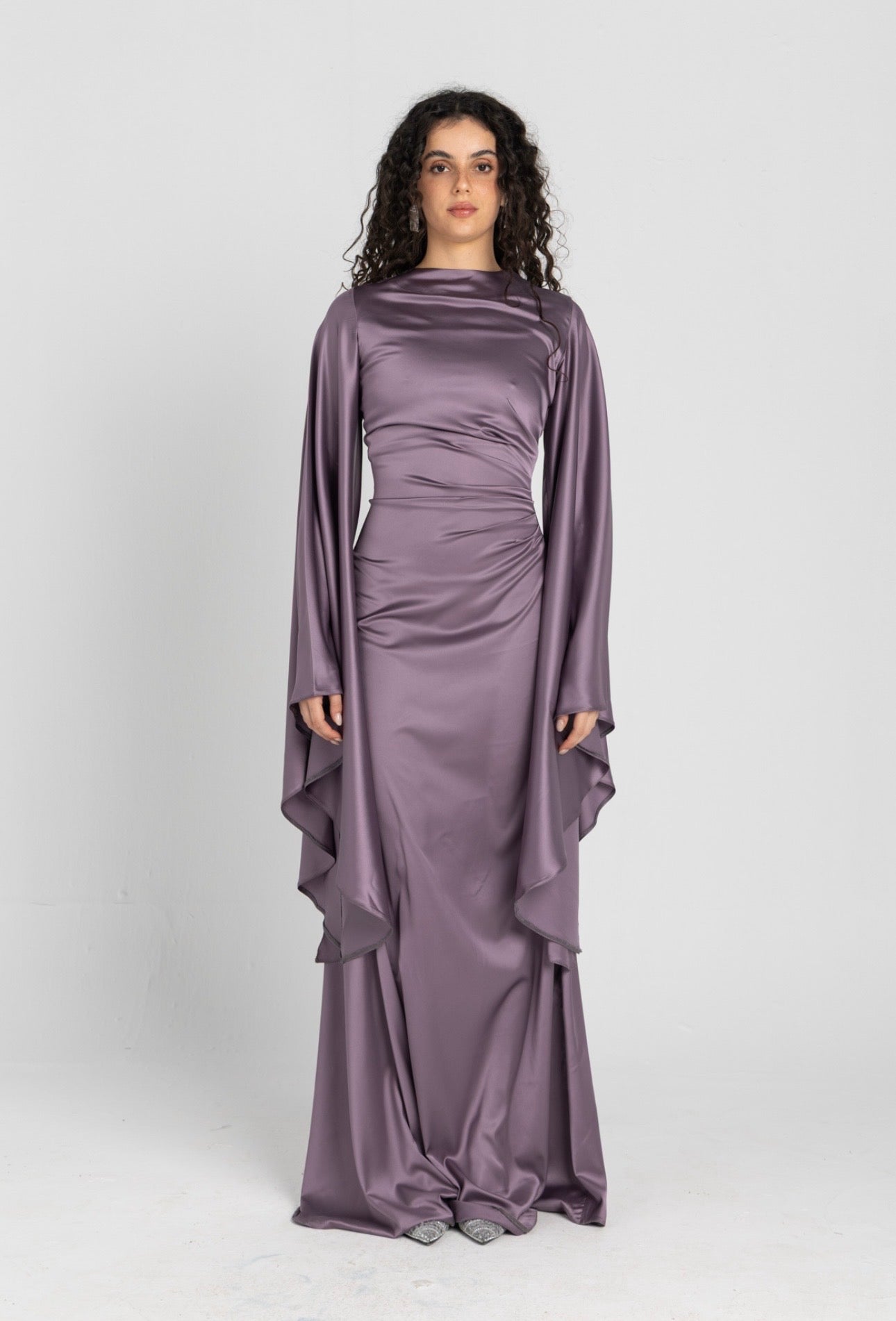 Sun Dress in Lilac – floor-length satin maxi dress with flared sleeves and gathered waist
