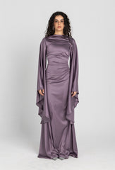 Sun Dress in Lilac – floor-length satin maxi dress with flared sleeves and gathered waist
