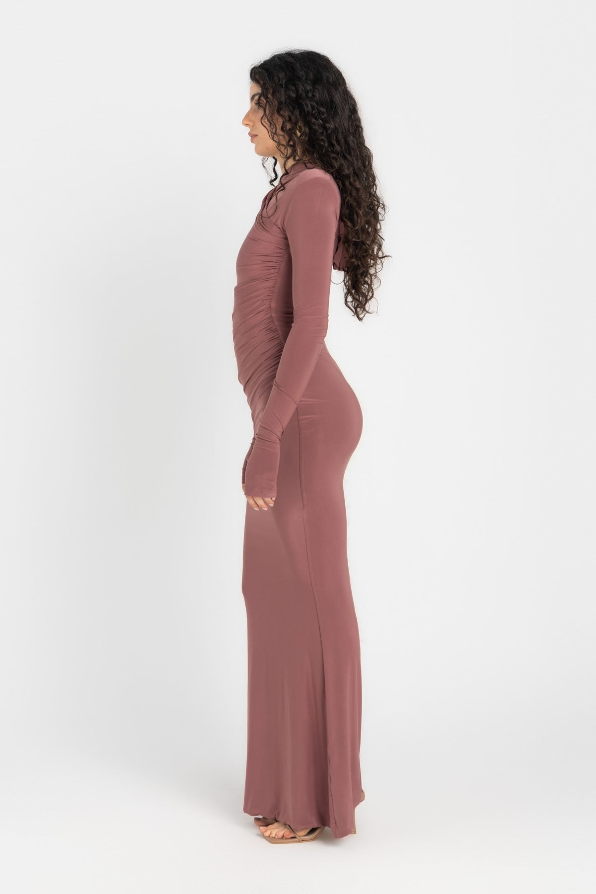 Hera Hooded Dress – Dusty Rosewood | Double Layer Lycra | Ruffled Side Detail