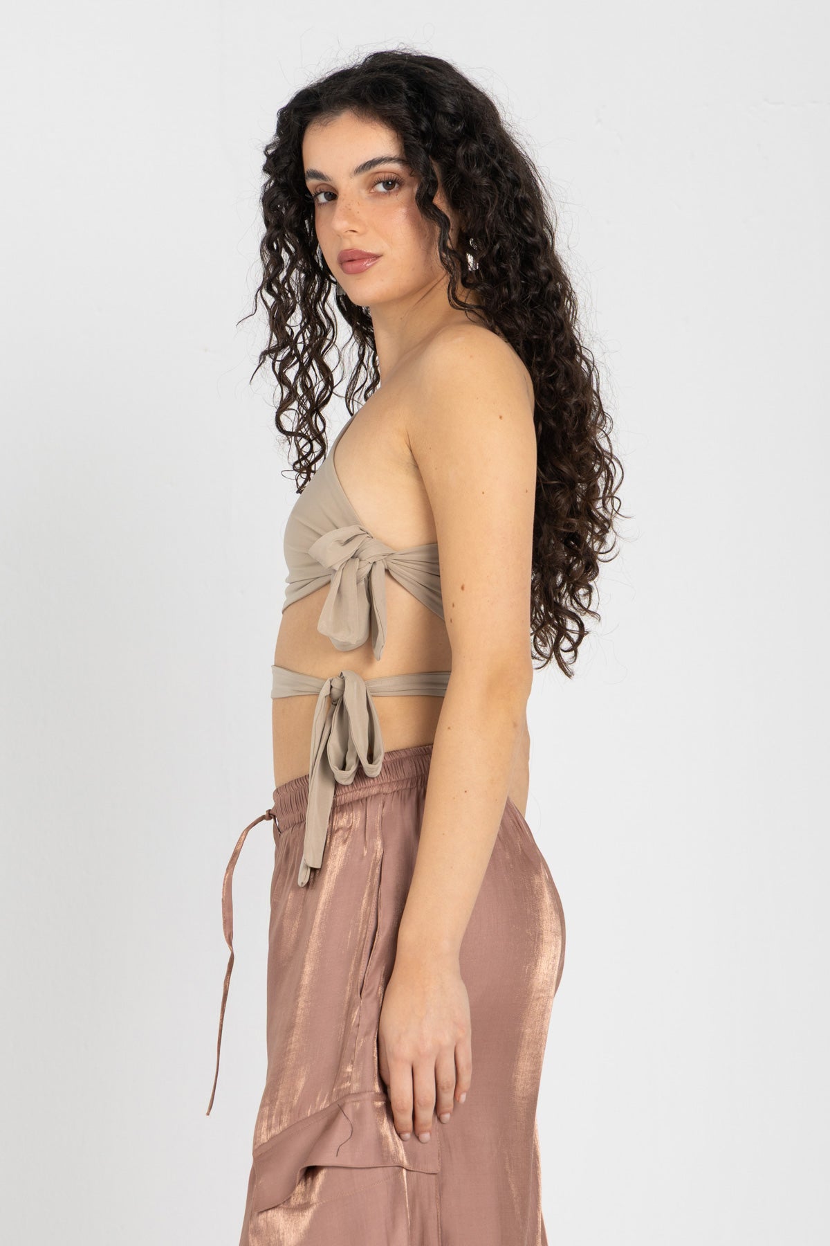 Abstract One-Shoulder Wrap Top – Nude Beige