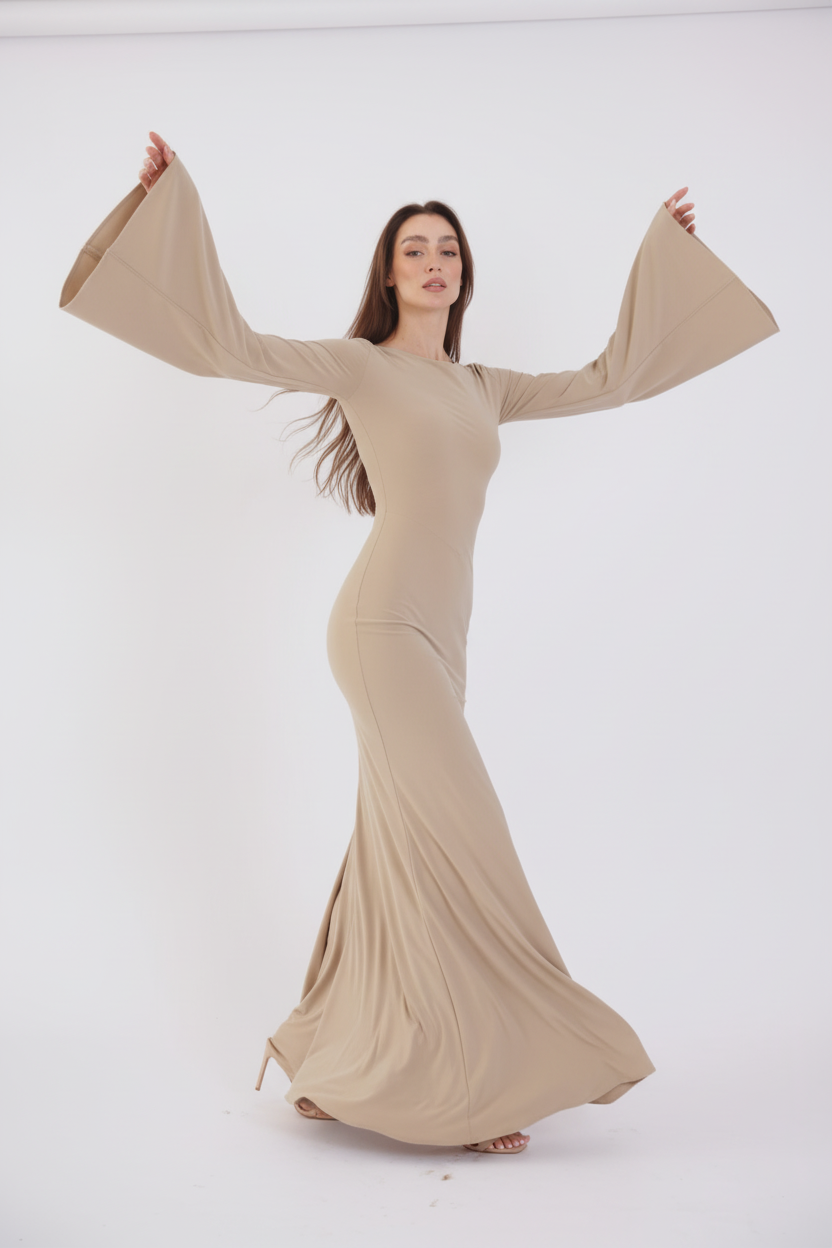 Valentina Long Sleeve Maxi Dress - Nude - Flowy Double Layered Gown