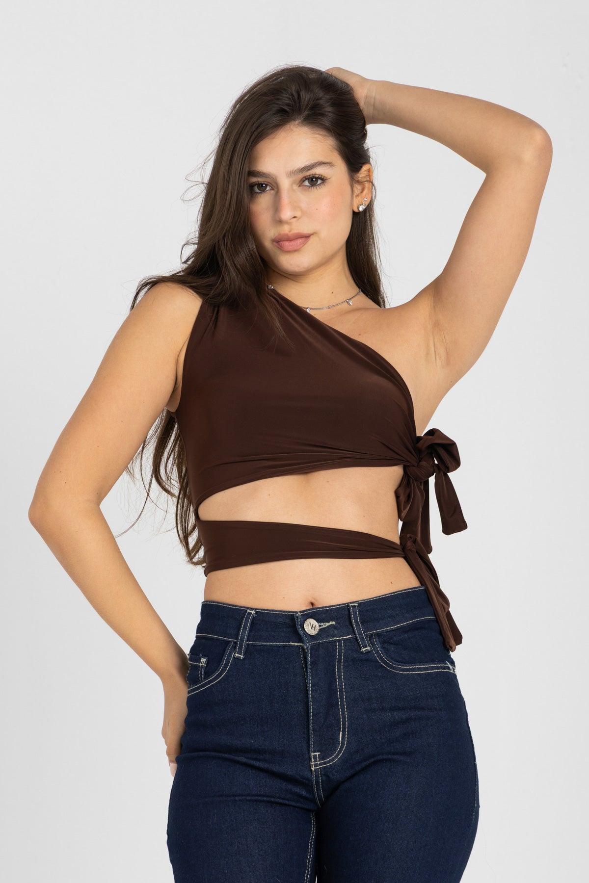 Abstract One-Shoulder Wrap Top – Chocolate Brown