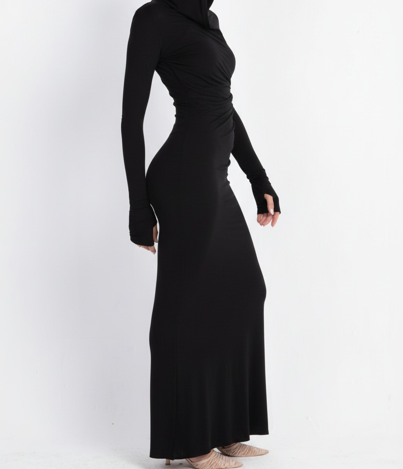 Hera Hooded Dress – Black | Double Layer Lycra | Ruffled Side Detail