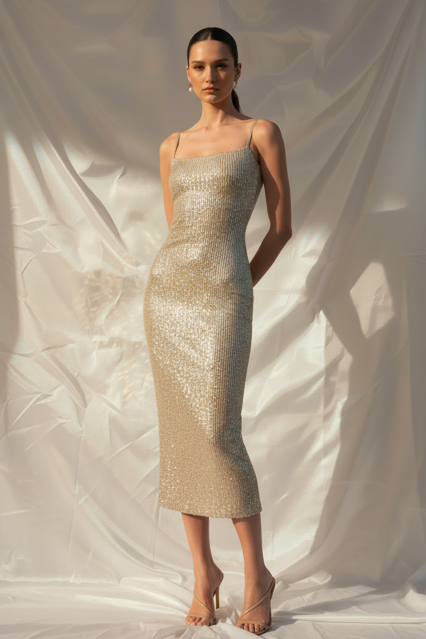 Champagne Strapped Cher Dress - Sequin Bodycon Dress
