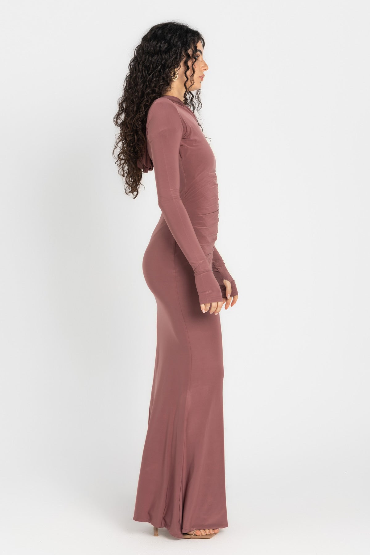 Hera Hooded Dress – Dusty Rosewood | Double Layer Lycra | Ruffled Side Detail