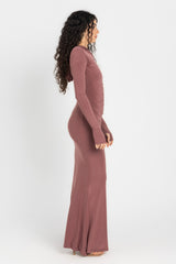 Hera Hooded Dress – Dusty Rosewood | Double Layer Lycra | Ruffled Side Detail