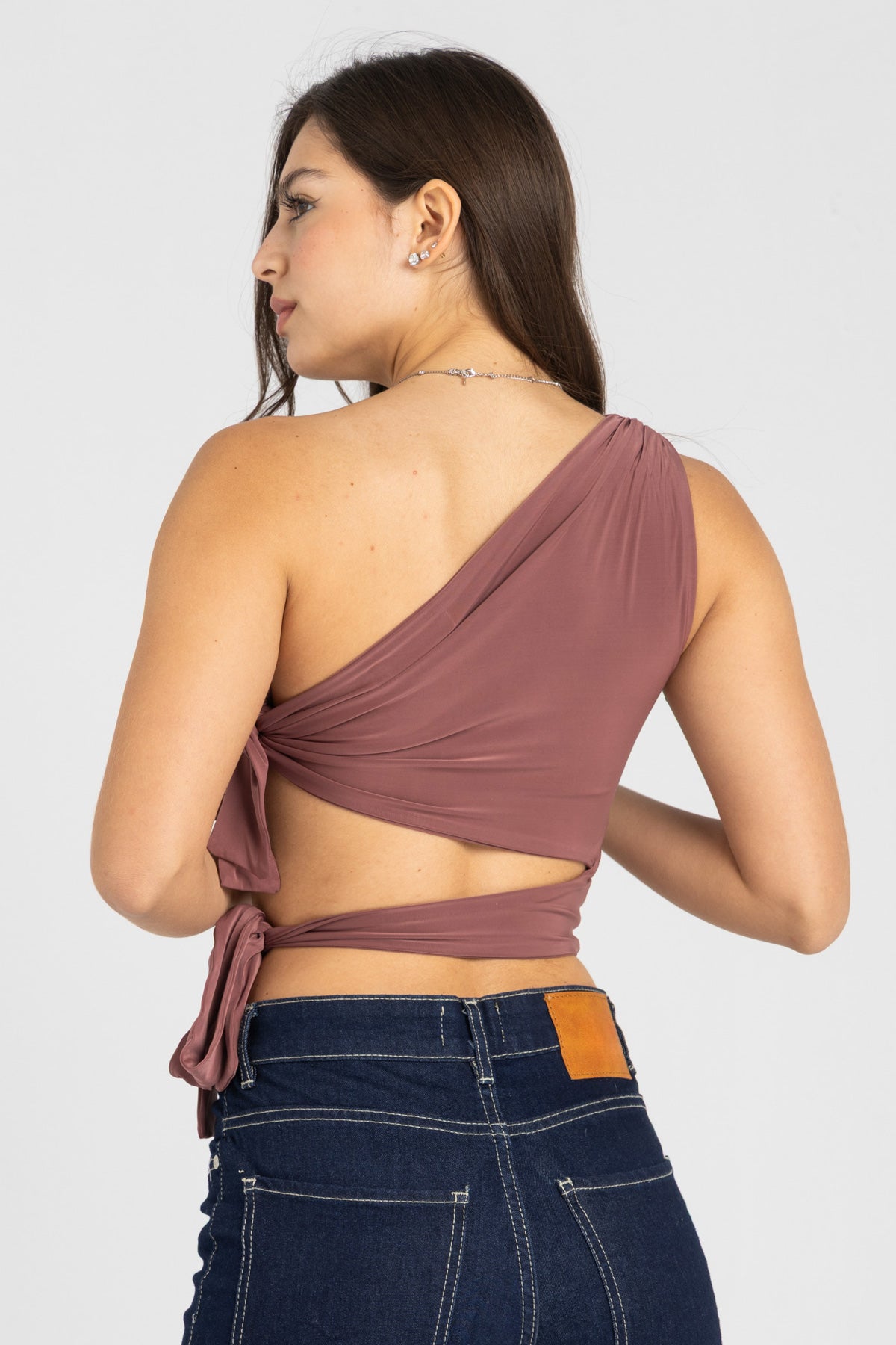 Abstract One-Shoulder Wrap Top – Dusty Rosewood