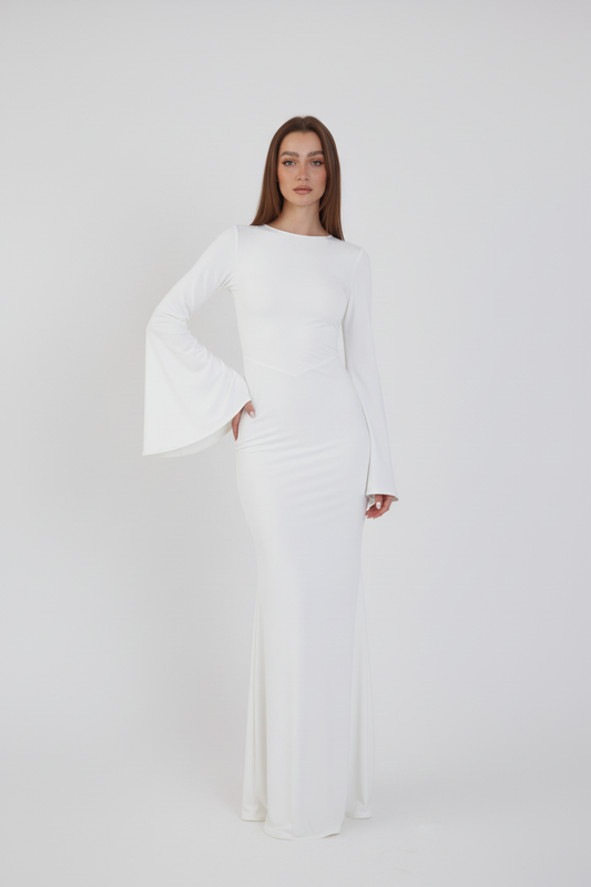 Valentina Long Sleeve Maxi Dress - White - Flowy Double Layered Gown