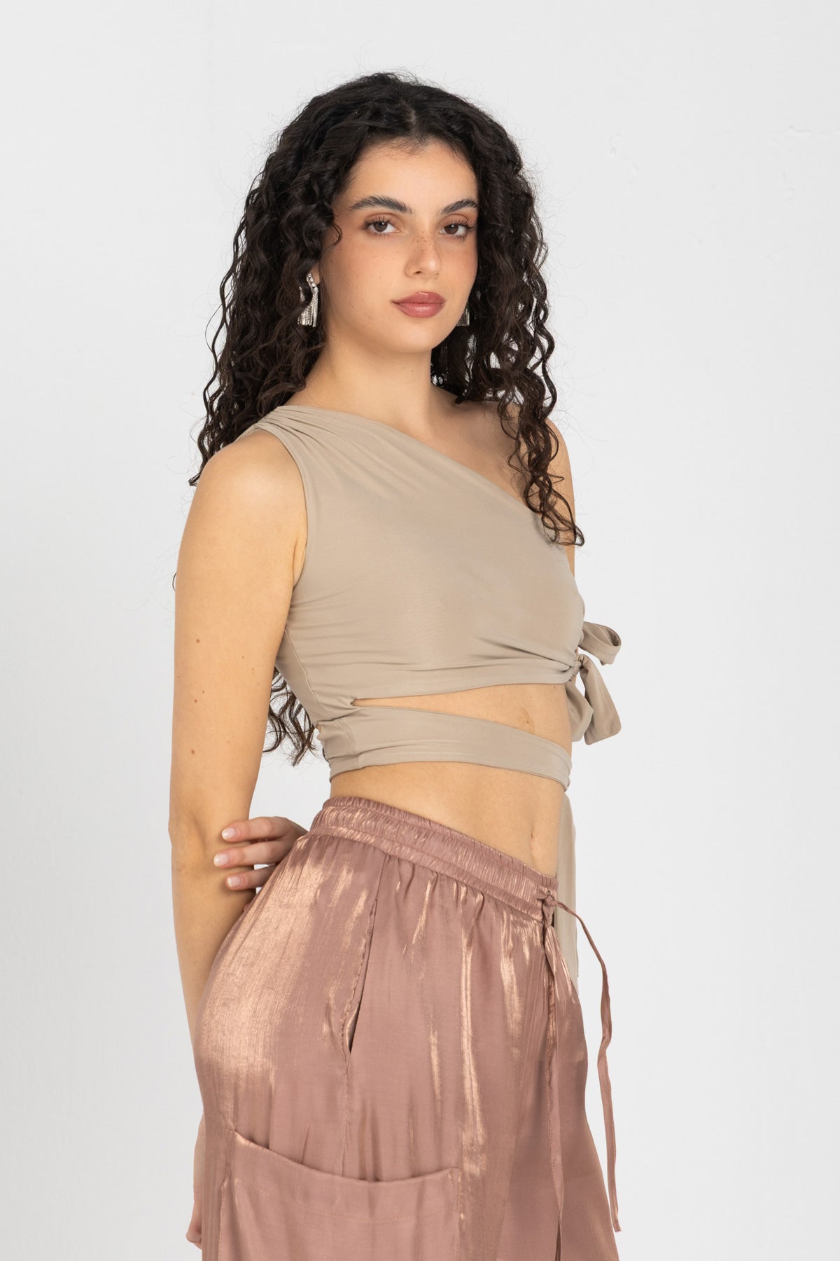 Abstract One-Shoulder Wrap Top – Nude Beige