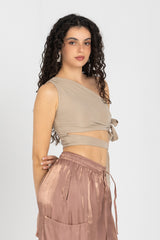 Abstract One-Shoulder Wrap Top – Nude Beige