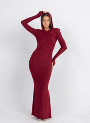 Hera Hooded Dress – Burgundy | Double Layer Lycra | Ruffled Side Detail