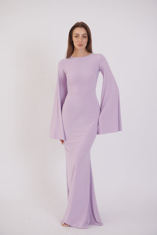 Valentina Long Sleeve Maxi Dress - Lilac - Flowy Double Layered  Gown