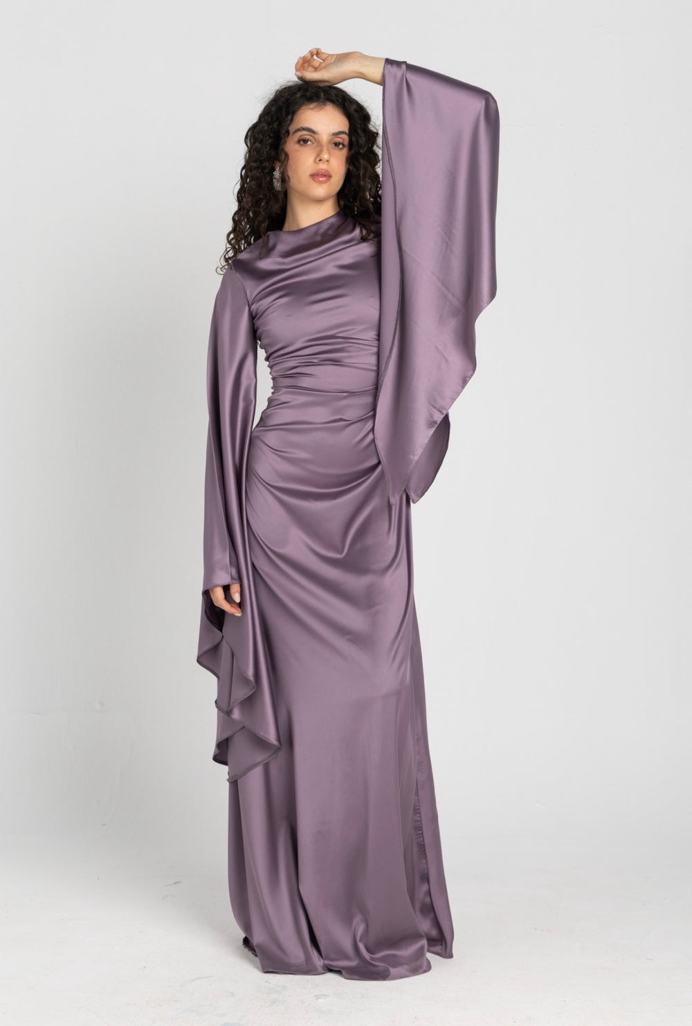Sun Dress in Lilac – floor-length satin maxi dress with flared sleeves and gathered waist
