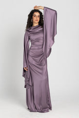Sun Dress in Lilac – floor-length satin maxi dress with flared sleeves and gathered waist
