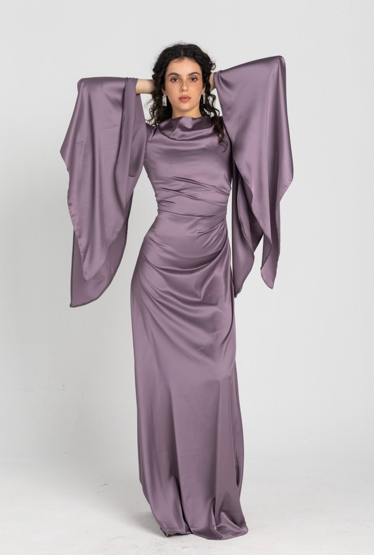 Sun Dress in Lilac – floor-length satin maxi dress with flared sleeves and gathered waist
