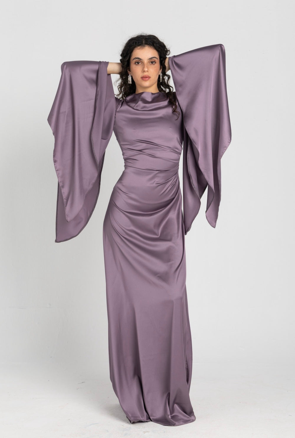 Sun Dress in Lilac – floor-length satin maxi dress with flared sleeves and gathered waist
