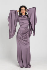 Sun Dress in Lilac – floor-length satin maxi dress with flared sleeves and gathered waist
