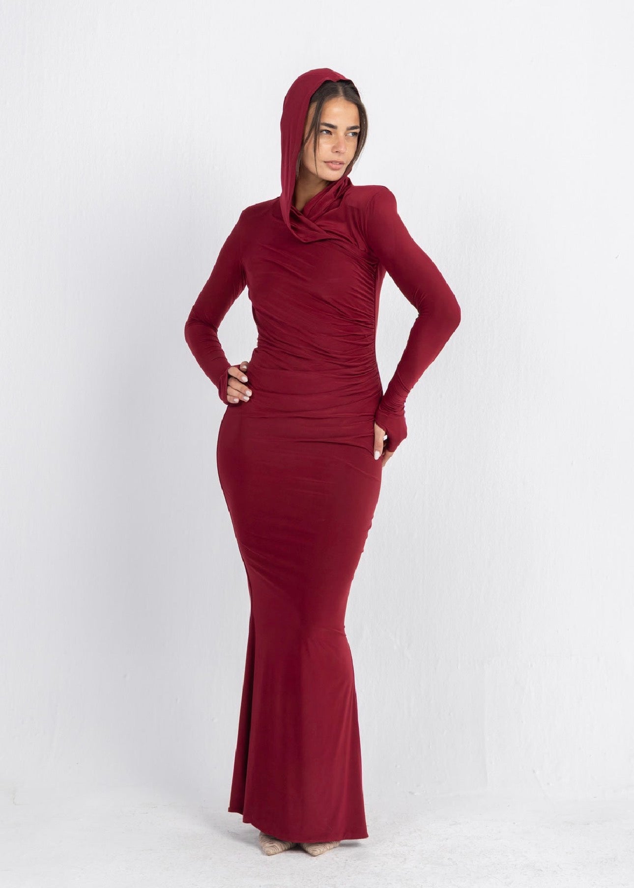 Hera Hooded Dress – Burgundy | Double Layer Lycra | Ruffled Side Detail