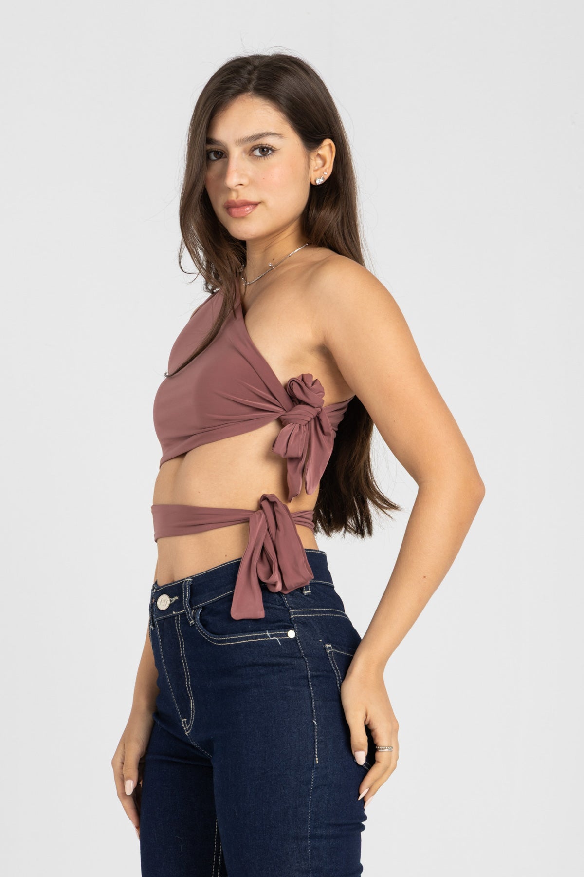 Abstract One-Shoulder Wrap Top – Dusty Rosewood
