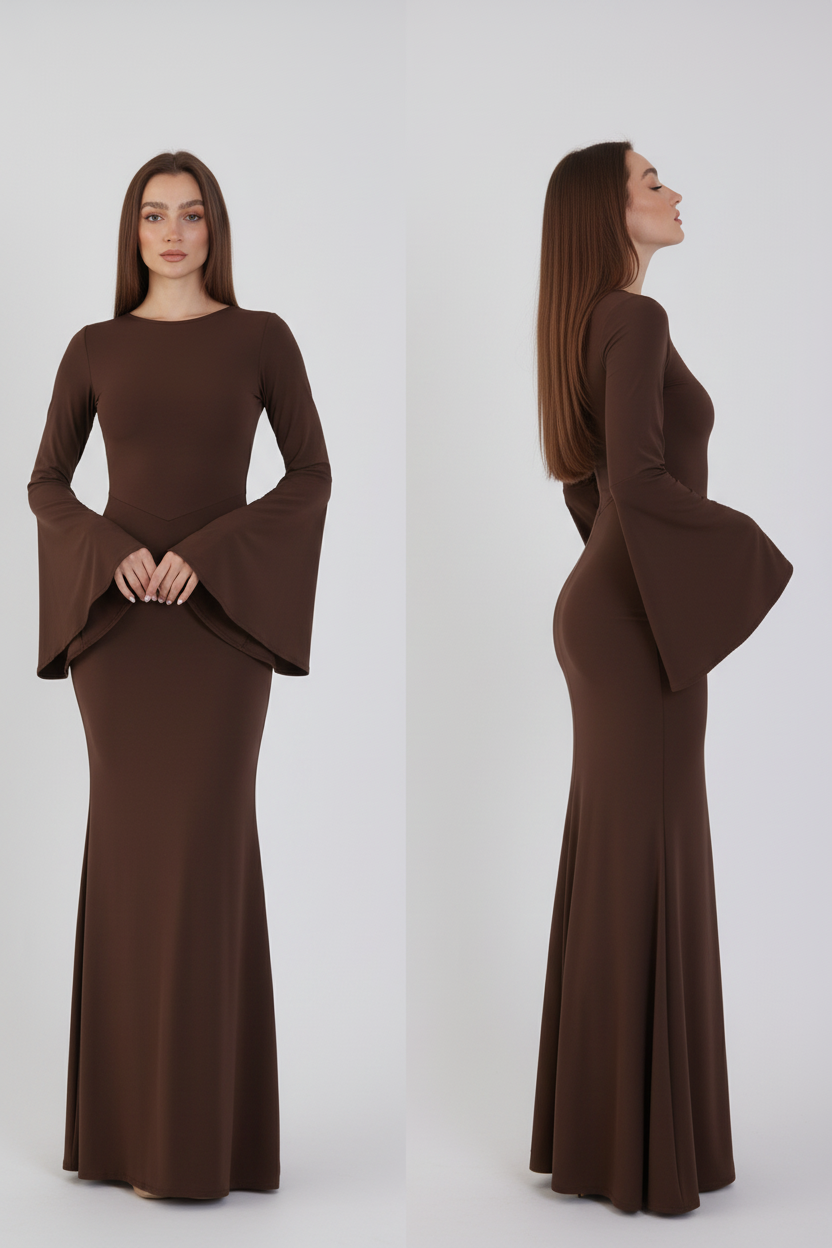 Valentina Long Sleeve Maxi Dress - Chocolate Brown - Flowy Double Layered Gown