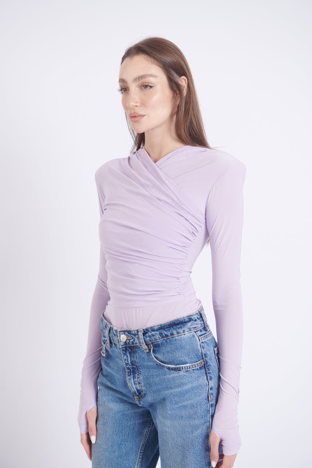 Lilac Thea Bodysuit – structured shoulder stretch bodysuit with hourglass silhouette | sand
