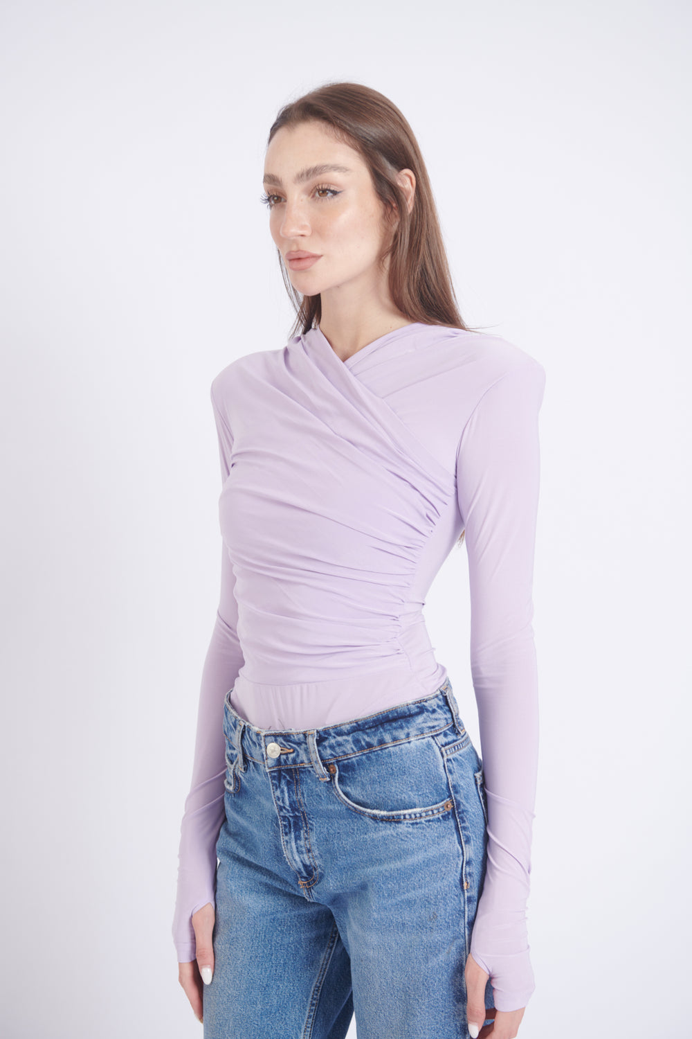 Lilac Thea Bodysuit – structured shoulder stretch bodysuit with hourglass silhouette | sand
