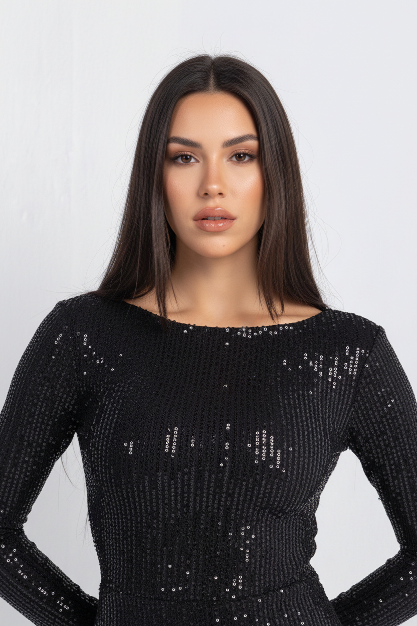 Cher Long Sleeve Sequin Jumpsuit – Black Glam One-Piece