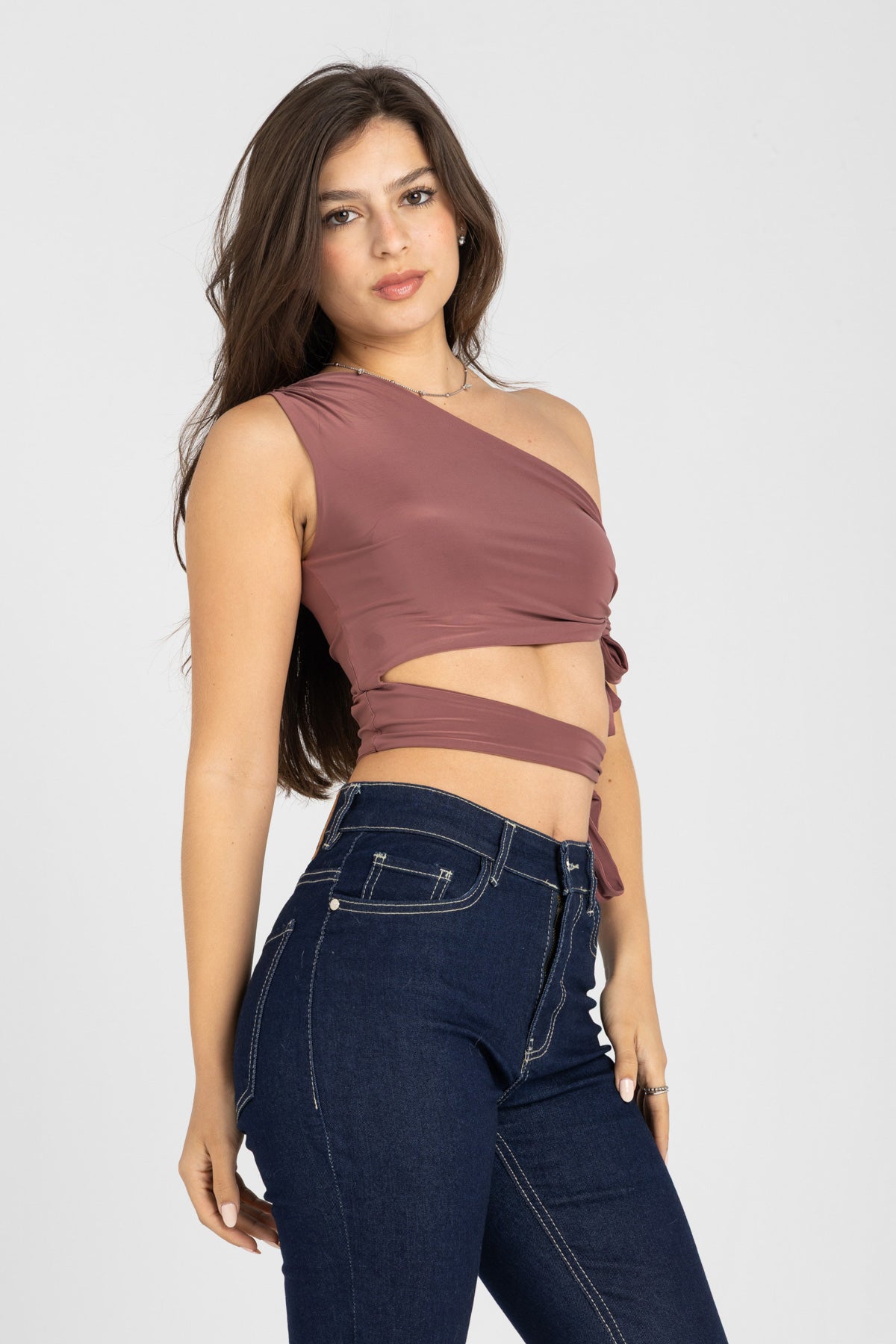 Abstract One-Shoulder Wrap Top – Dusty Rosewood