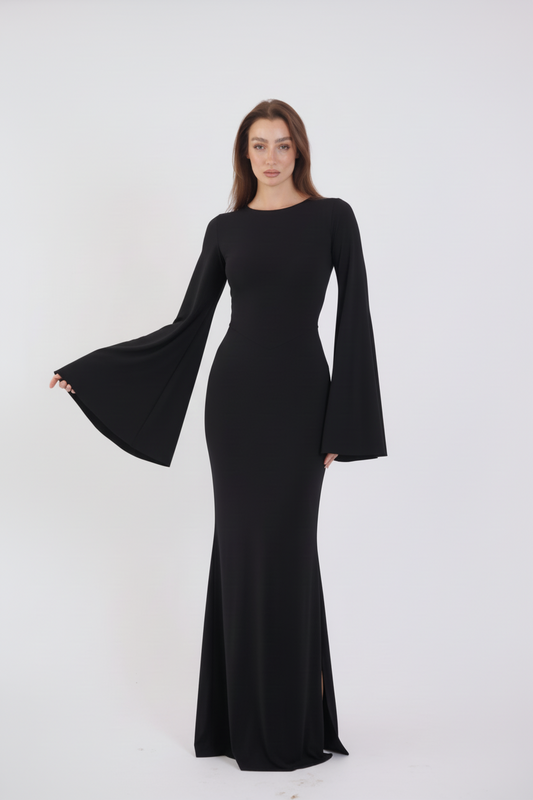 Valentina Long Sleeve Maxi Dress - Black - Flowy Double Layered  Gown