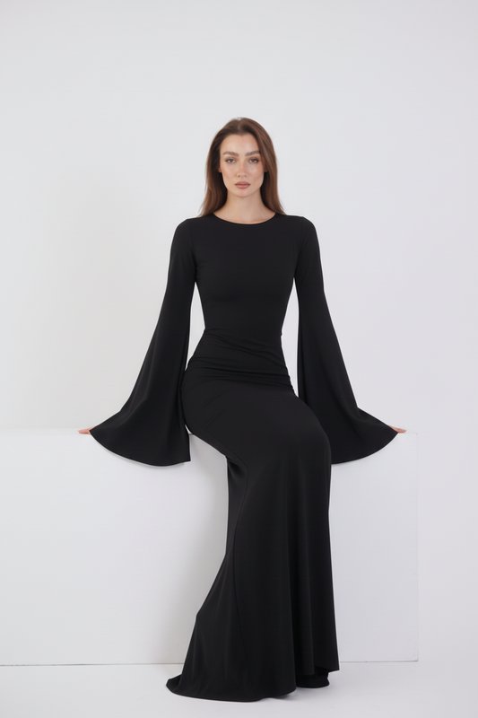Valentina Long Sleeve Maxi Dress - Black - Flowy Double Layered  Gown