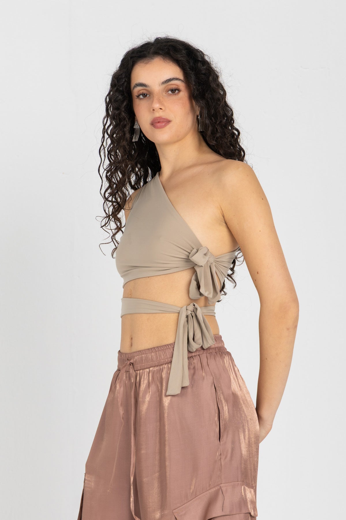 Abstract One-Shoulder Wrap Top – Nude Beige