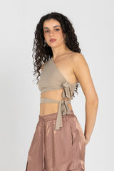 Abstract One-Shoulder Wrap Top – Nude Beige