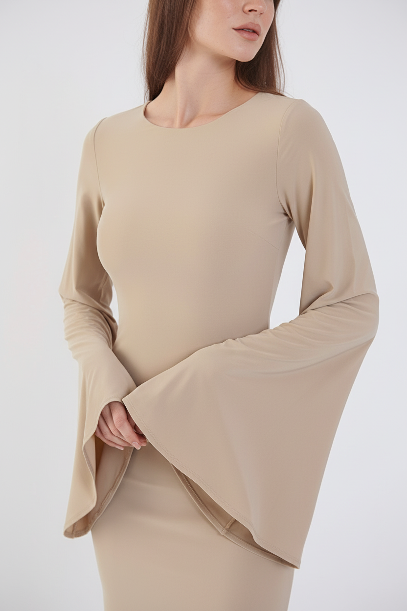 Valentina Long Sleeve Maxi Dress - Nude - Flowy Double Layered Gown