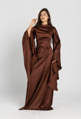 Sun Dress in Brown – floor-length satin maxi dress with flared sleeves and gathered waist
