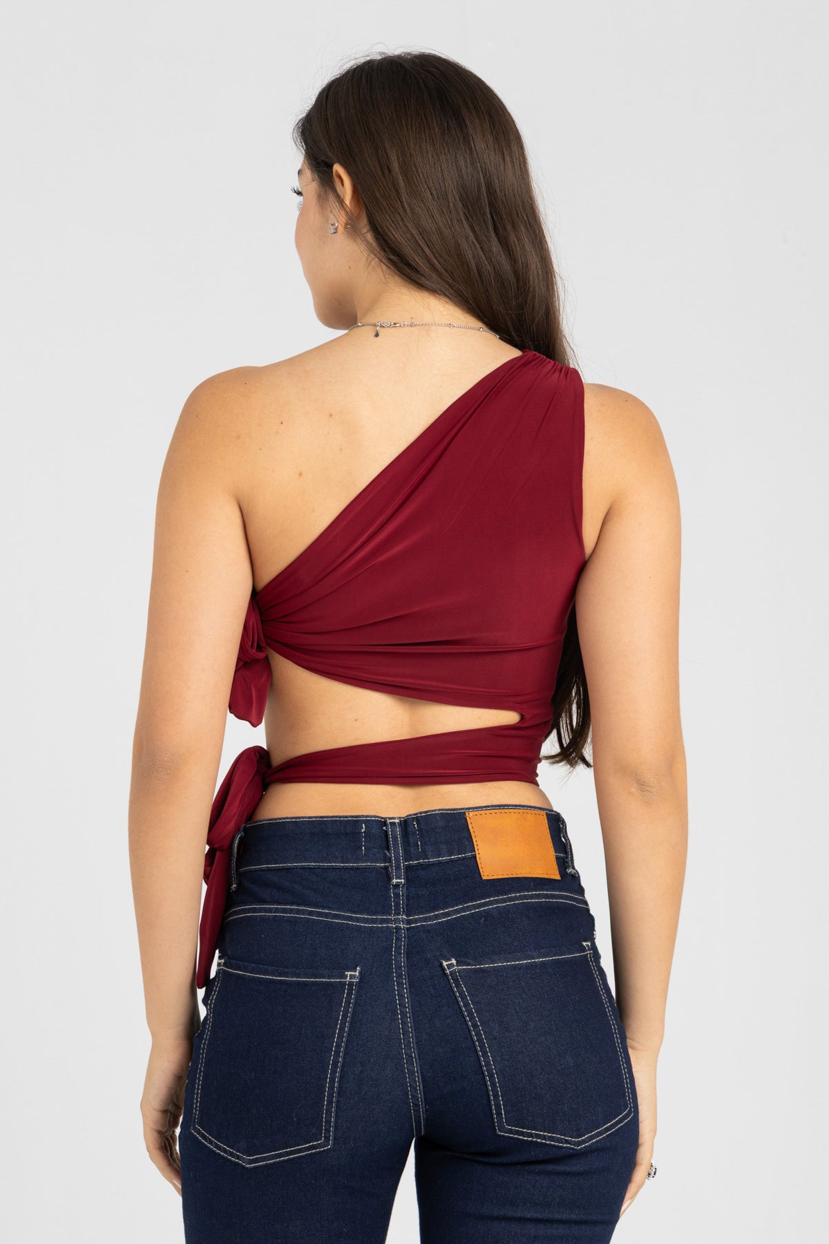Abstract One-Shoulder Wrap Top – Burgundy