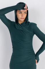 Hera Hooded Dress – Emerald | Double Layer Lycra | Ruffled Side Detail
