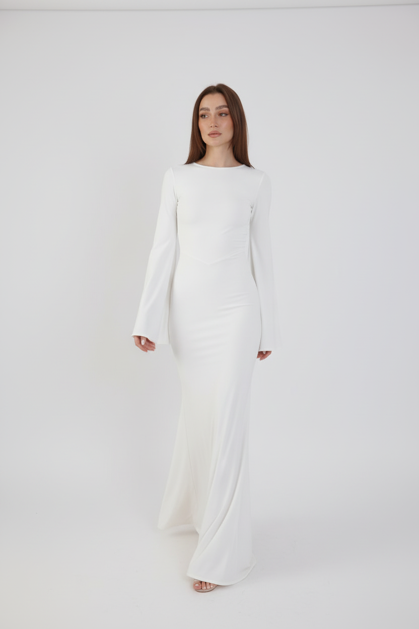 Valentina Long Sleeve Maxi Dress - White - Flowy Double Layered Gown