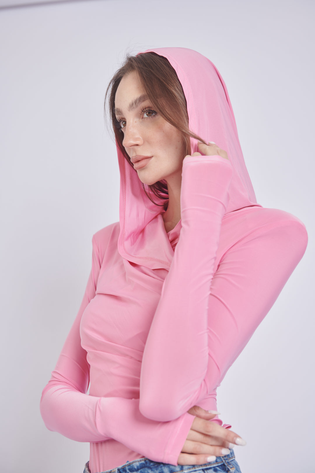 Bubble Gum Pink Thea Bodysuit – structured shoulder stretch bodysuit with hourglass silhouette | sand

