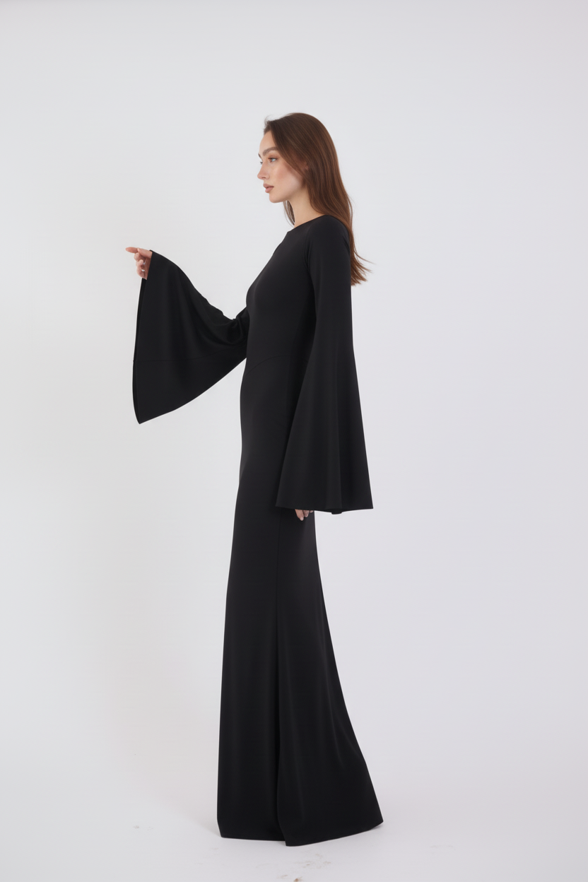 Valentina Long Sleeve Maxi Dress - Black - Flowy Double Layered  Gown