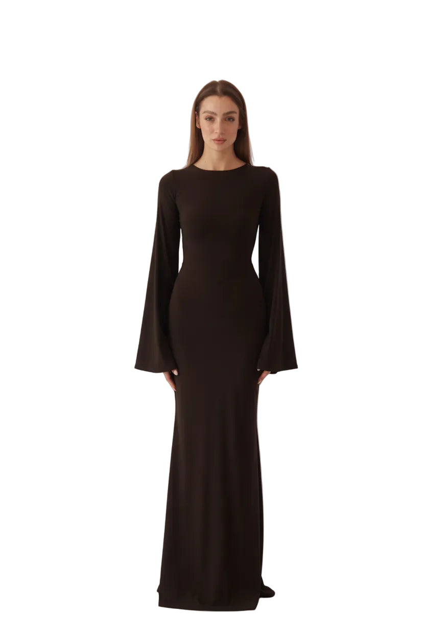 Valentina Long Sleeve Maxi Dress - Chocolate Brown - Flowy Double Layered Gown
