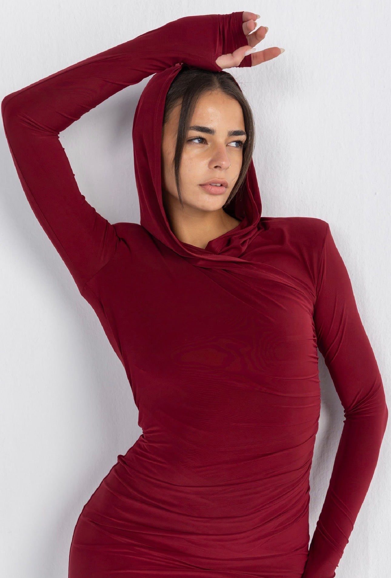Hera Hooded Dress – Burgundy | Double Layer Lycra | Ruffled Side Detail