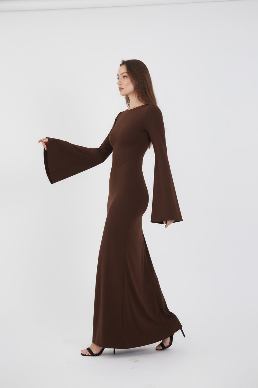 Valentina Long Sleeve Maxi Dress - Chocolate Brown - Flowy Double Layered Gown