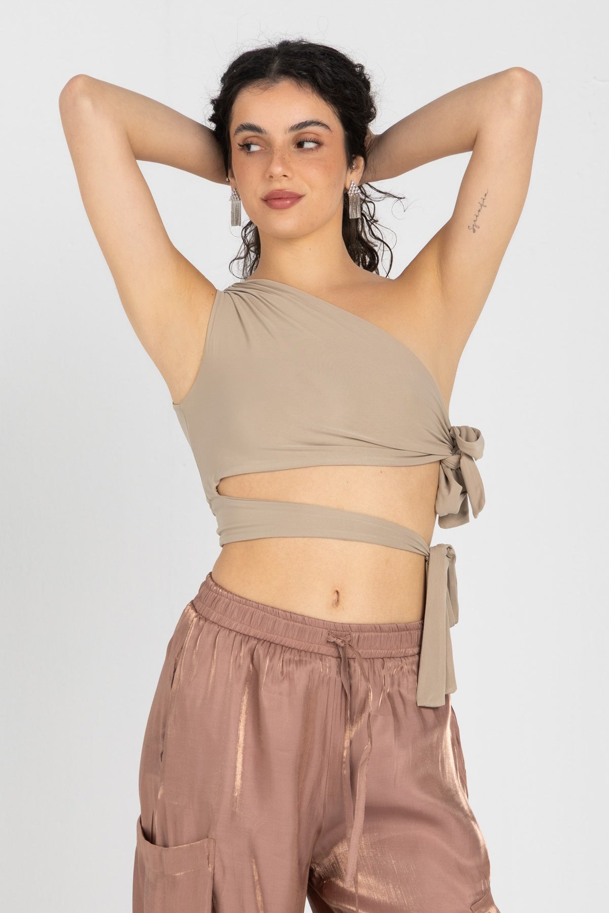Abstract One-Shoulder Wrap Top – Nude Beige