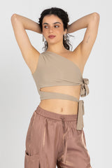 Abstract One-Shoulder Wrap Top – Nude Beige