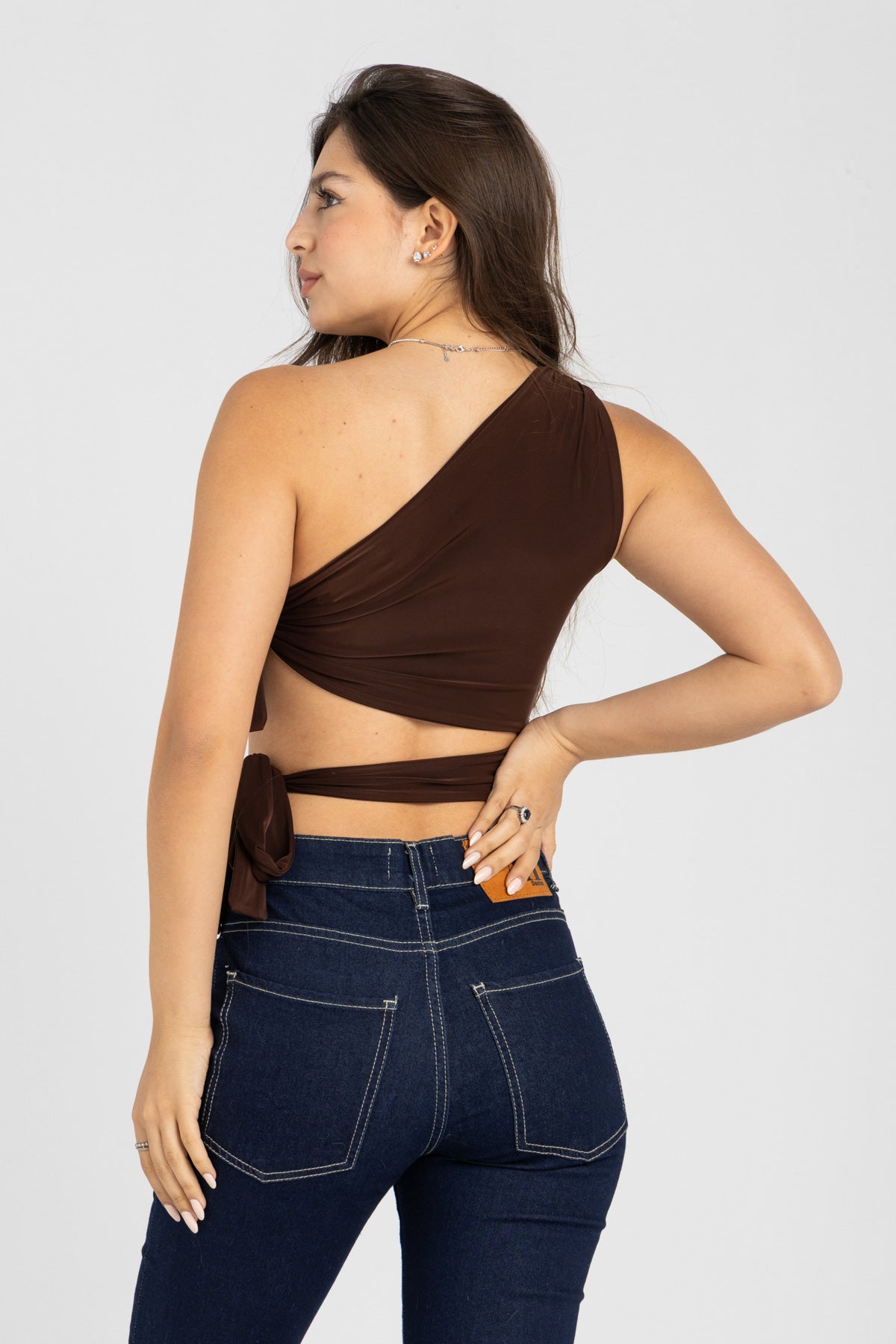 Abstract One-Shoulder Wrap Top – Chocolate Brown
