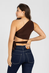 Abstract One-Shoulder Wrap Top – Chocolate Brown