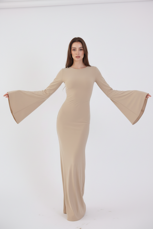Valentina Long Sleeve Maxi Dress - Nude - Flowy Double Layered Gown