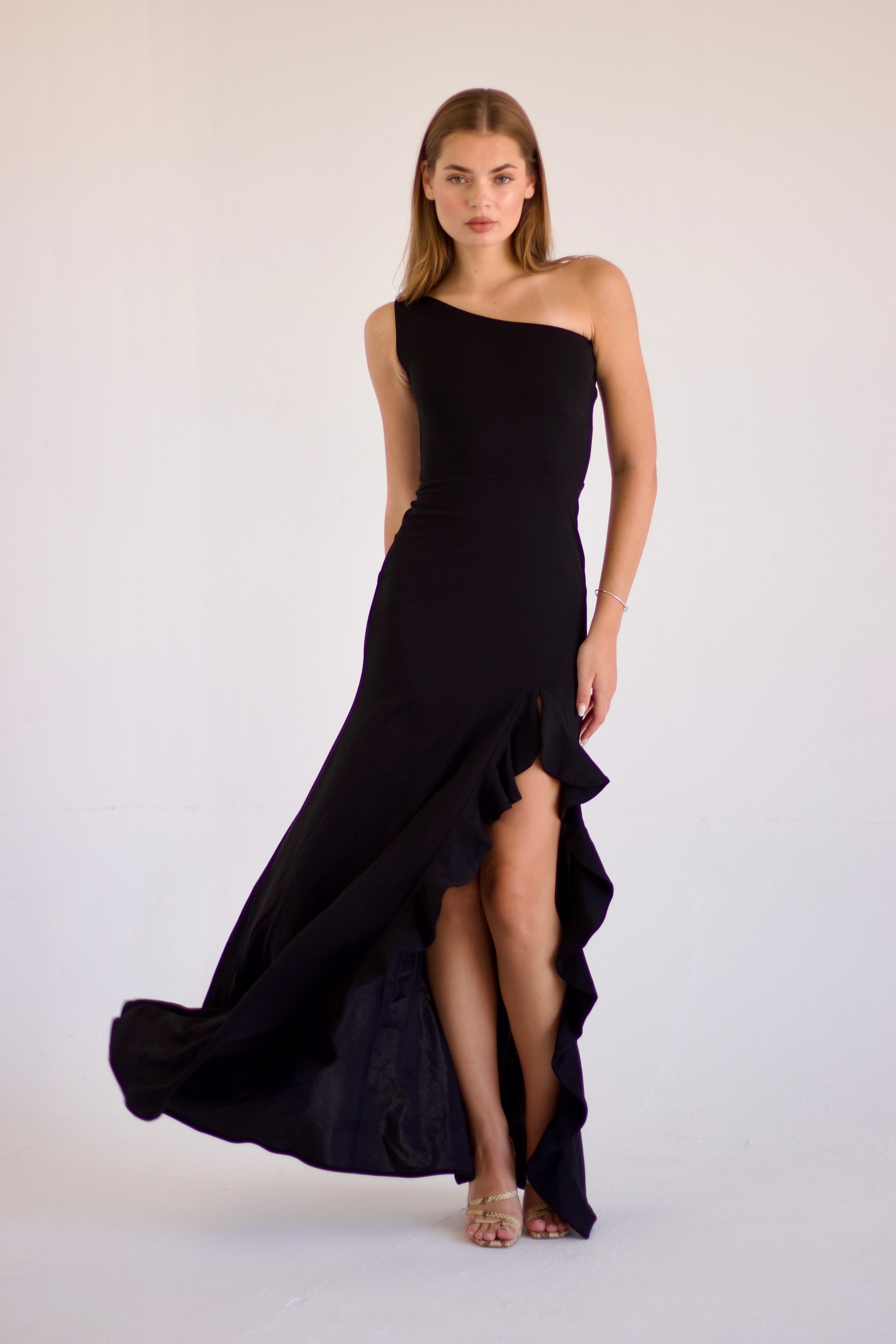 Francesca Gown one-shoulder black evening dress with ruffle detail and side slit – Sand