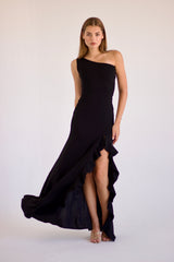 Francesca Gown one-shoulder black evening dress with ruffle detail and side slit – Sand